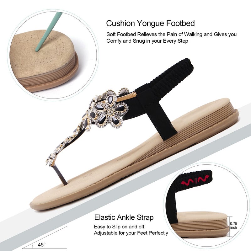 iCKER Women Rhinestone Sandals T-Strap Buckle Bohemian Pearl Crystal Flat Sandals-929-Black-9 - Image 3